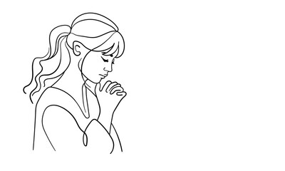 Girl praying with folded hands continuous line art drawing isolated on white background. Christian. Vector illustration