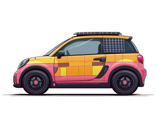 Obraz premium A vibrant and playful small car showcasing a unique pink and yellow design, perfect for eco-friendly travel and urban adventures.