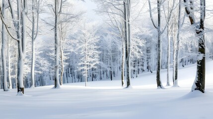 Snowy Forest Serenity, a sweeping vista of a tranquil winter landscape, frosted bare trees rise above a pristine blanket of snow, embodying a peaceful winter wonderland.