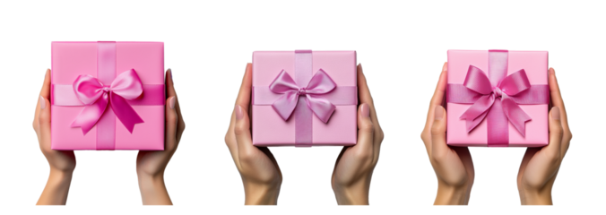 Set of hands holding pink gift boxes with bows, isolated on a transparent background, ideal for holiday and birthday celebrations