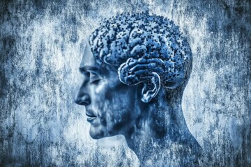 Artistic monochromatic profile of a man with a textured brain symbolizing intellectual depth memory and the enduring strength of thought in a classic and timeless visual style