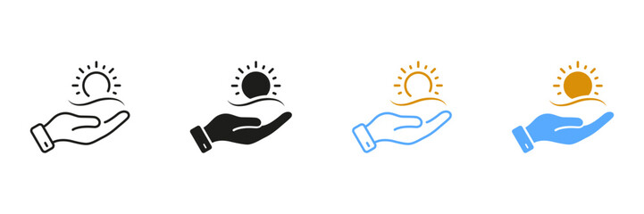 Human Hand Holds Sun Line and Silhouette Icon Set. Environment Care Pictogram. Morning Sunlight Symbol. Ecological Solar Energy Sign. Editable Stroke. Isolated Vector Illustration