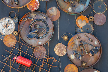 A composition of various old objects nailed to the wall