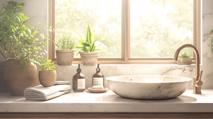 Fototapeta premium a bathroom scene with a marble sink, a wooden cabinet, and a window with a reflection of green leaves.