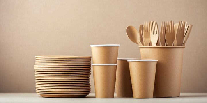 Eco-friendly disposable tableware set made of brown paper, featuring plates, cups, and cutlery arranged neatly on a neutral background
