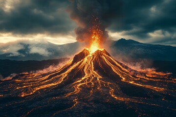 Fototapeta premium Dramatic digital illustration of an erupting volcano with glowing orange lava flowing down its slopes under a dark stormy sky.