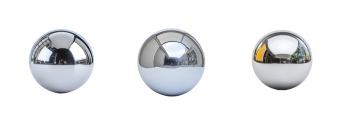 A collection of reflective chrome spheres isolated on a transparent background, perfect for technology and design concept visuals
