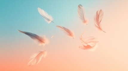 floating feathers to symbolize light and serenity. Include calming spaces, posters, photos, and copy space.
