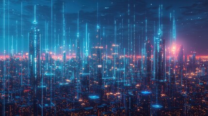 Fototapeta premium A futuristic urban landscape illuminated by countless IoT devices, with data streams flowing between buildings, showcasing the connectivity and efficiency of a smart city infrastructure powered by