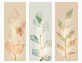 Set of three minimalist botanical prints featuring abstract leaves in soft muted tones, perfect for modern interior decor and wall art.