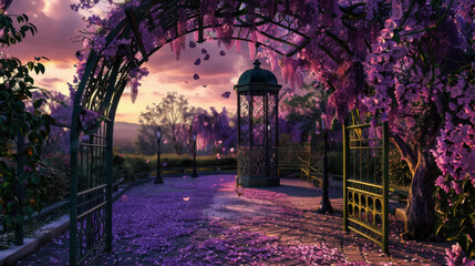 Obraz premium A serene garden path adorned with purple wisteria during sunset, showcasing vibrant blooms and tranquil surroundings