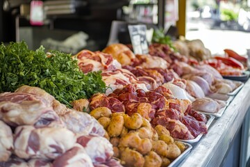 Obraz premium A vibrant display of fresh meats at a market stall. The colorful layout features various cuts and types of meat alongside fresh garnishes. Perfect for food enthusiasts. Generative AI