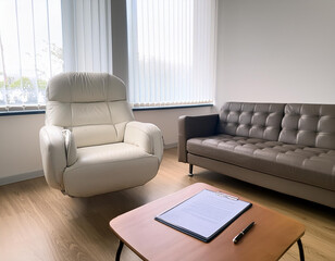 Empty therapist chair with a clipboard and pen