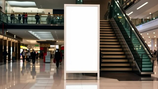 Blank white vertical billboard in shopping centre, big empty inside advertising poster, mock up, concept of marketing communication to promote or sell idea.	