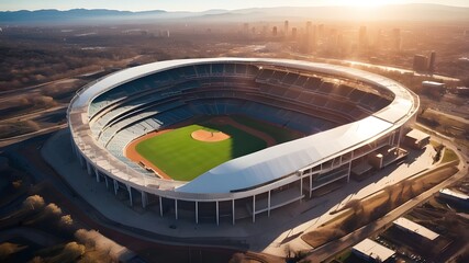 A stunning aerial view of a modern baseball stadium, with the sun shining down on the field like a diamond in the daylight.