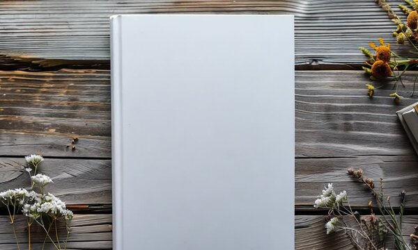 A blank white book lays on a rustic wood table with dried wildflowers on either side of the book