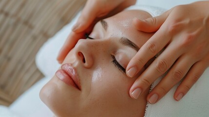 A woman gets a facial massage in a cosmetology room. Rejuvenating, lymphatic drainage massage. Aesthetic cosmetology. Facial care