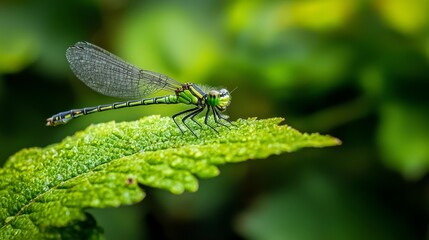  A dragonfly atop a verdant leaf, surrounded by hazy greens &ndash; leaves and foliage in the background