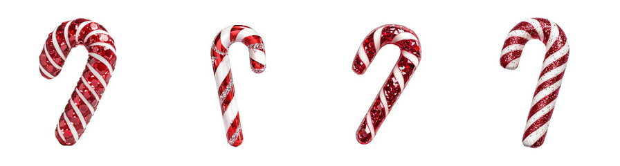 A set of four glittery red and white candy canes isolated on a transparent background, perfect for Christmas holiday designs