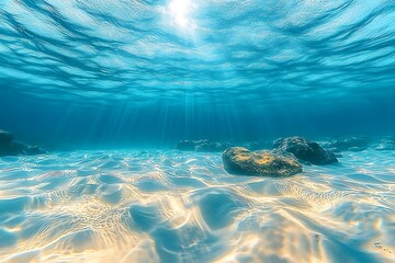 The tropical blue ocean of Hawaii is showcased with white sand and underwater stones