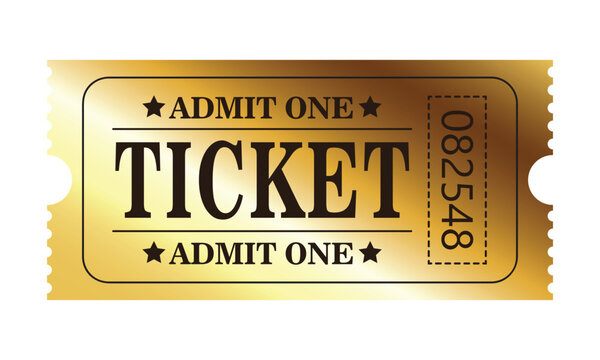 Vector golden ticket template. Cinema, theater, casino, concert, game, party, event, festival gold ticket. Invite ticket for casino club. Admit one. Vector illustration.