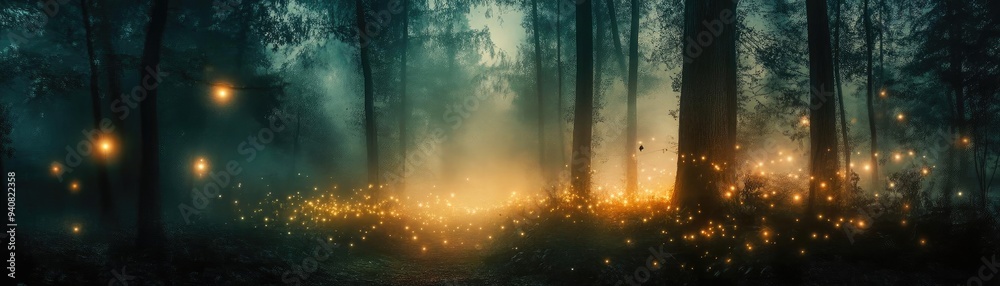 Aufkleber A mystical forest scene illuminated by soft glowing lights, creating a serene and enchanting atmosphere in the twilight.