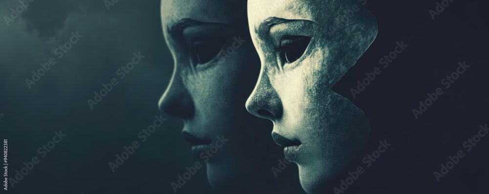 Poster Mysterious faces captured in a surreal atmosphere, showcasing the interplay of light and shadow with an artistic flair.