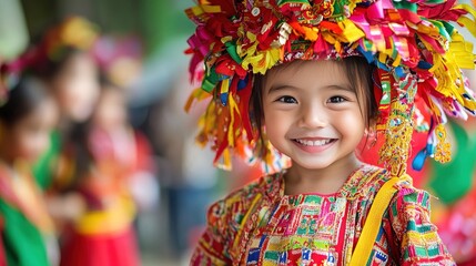 Fototapeta premium Portrait of a smiling child wearing a colorful traditional hat and attire