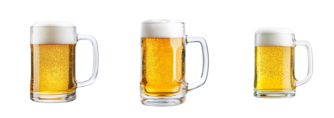 A collection of three frothy beer mugs isolated on a transparent background, perfect for celebrating Oktoberfest or beer festivals