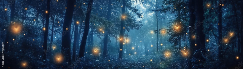 Poster a serene forest scene illuminated by soft, glowing lights, creating a magical ambiance in the cool, 