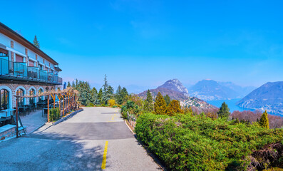 Panorama of Parco San Grato and its restaurant, Carona, Switzerland