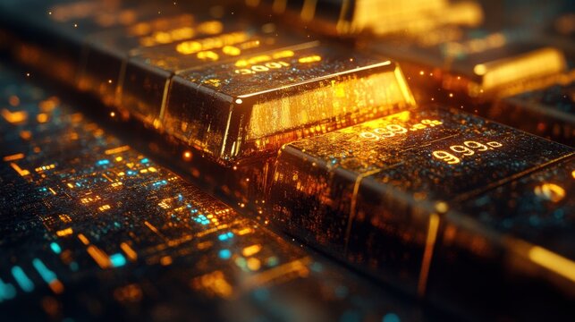 Illuminating the Future: Futuristic Gold Bars with Detailed Price Chart Overlay Reflecting Economic Trends