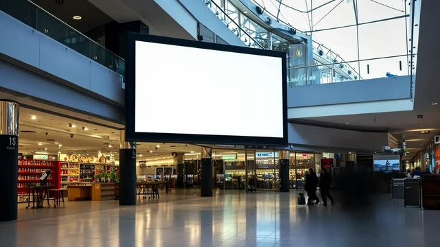 Blank white billboard in shopping centre, big empty inside advertising poster, mock up, concept of marketing communication to promote or sell idea