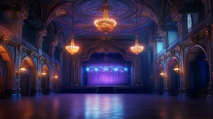 Obraz premium Illuminated Event Hall with a Stage, Ornate Ceiling, and Hanging Chandeliers