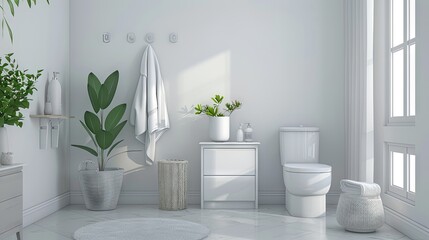 A bright bathroom interior featuring drawers, a toilet bowl, and a laundry basket