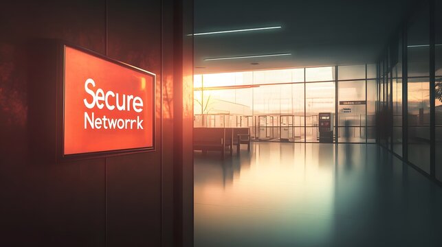 A conceptual image of a public Wi-Fi area with a large, prominent "Secure Network" sign, bright, natural light creating a welcoming and safe atmosphere, artistic style of informational poster, mood