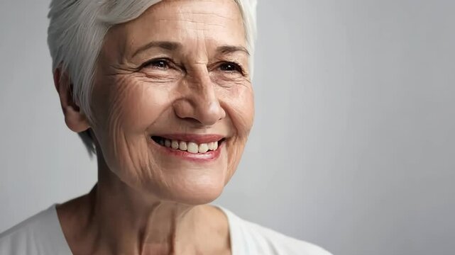 tooth whitening, perfect white teeth elderly woman close up, female veneer toothy smile, dental care and stomatology, dentistry, copyspace for text.