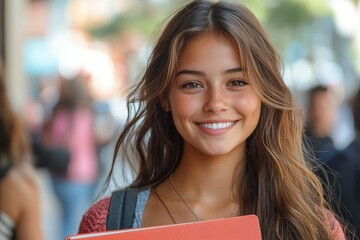 Beautiful student girl smiling while holding books outdoors
