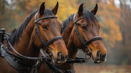 Obraz premium Two powerful brown horses wearing harnesses standing on farm
