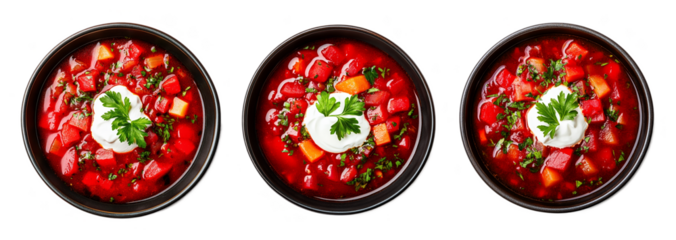 Collection of three traditional Ukrainian borscht soups isolated on a transparent background, perfect for holiday or ethnic cuisine concepts