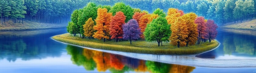 A peaceful river winding through a forest where multicolored trees line the banks, creating a harmonious reflection in the water, Fantasy, Digital Art