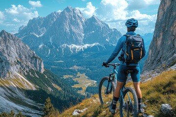 Fototapeta premium Cyclist admiring mountain view after reaching summit with bike
