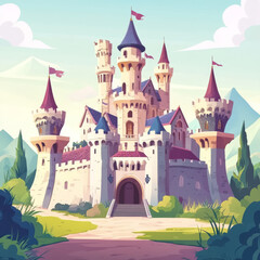 Medieval castles of a fairy-tale kingdom, featuring a fortified fortress with walls and towers. Includes vintage arched windows with balconies, turrets with flags, and the royal residence of a brave.