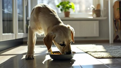 dog eats from a white bowl, puppy feasting in a sunlit kitchen, pet care stores and animal health blogs