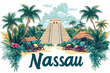 Fototapeta premium Nassau tropical beach mayan pyramid vacation illustration