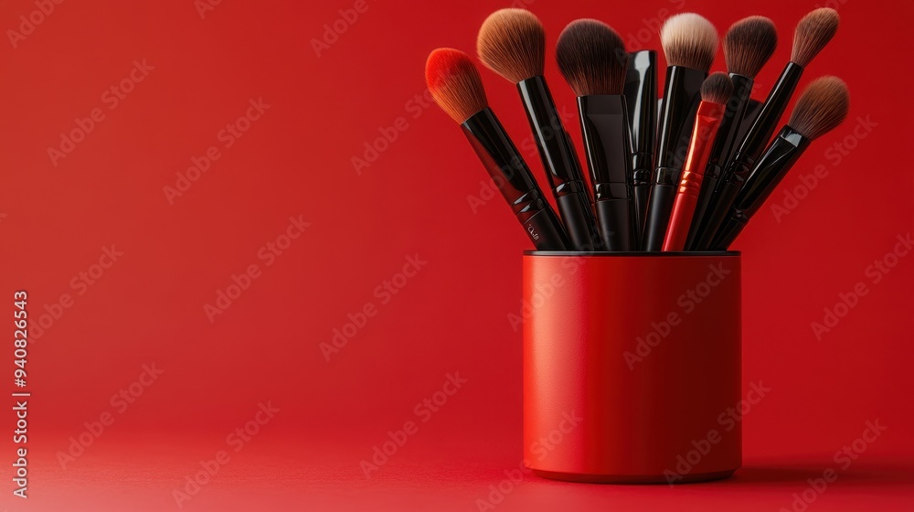 Wall mural makeup brushes in red container on vibrant red background