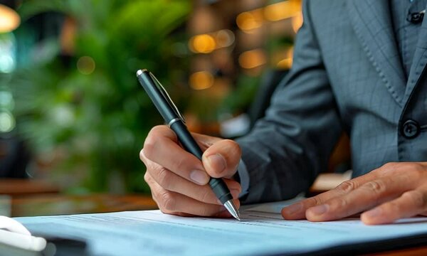 A businessman's hand signing a document with a pen