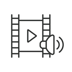 Video sound, in line design. Sound, Video sound, Volume control, Audio settings, Speaker icon, Mute on white background vector. Video sound editable stroke icon