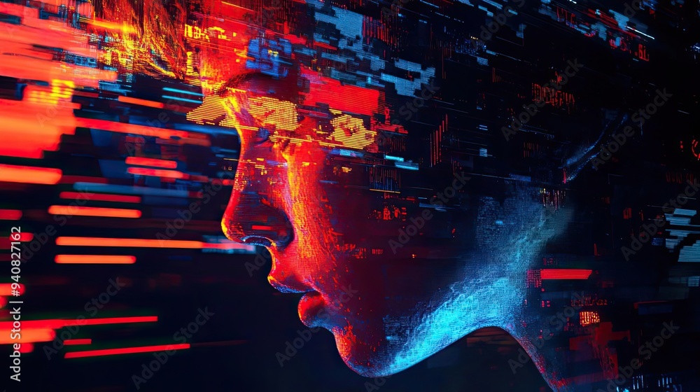 Poster a digital portrait of a young person with vibrant colors and abstract patterns, representing the fus