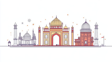 Travel landmarks of Indian architecture in thin line icons, including India Gate, Hindu Meenakshi Amman Temple, Gateway of India, Islamic Jama Masjid, Charminar mosque, and the royal Chowmahalla Palac